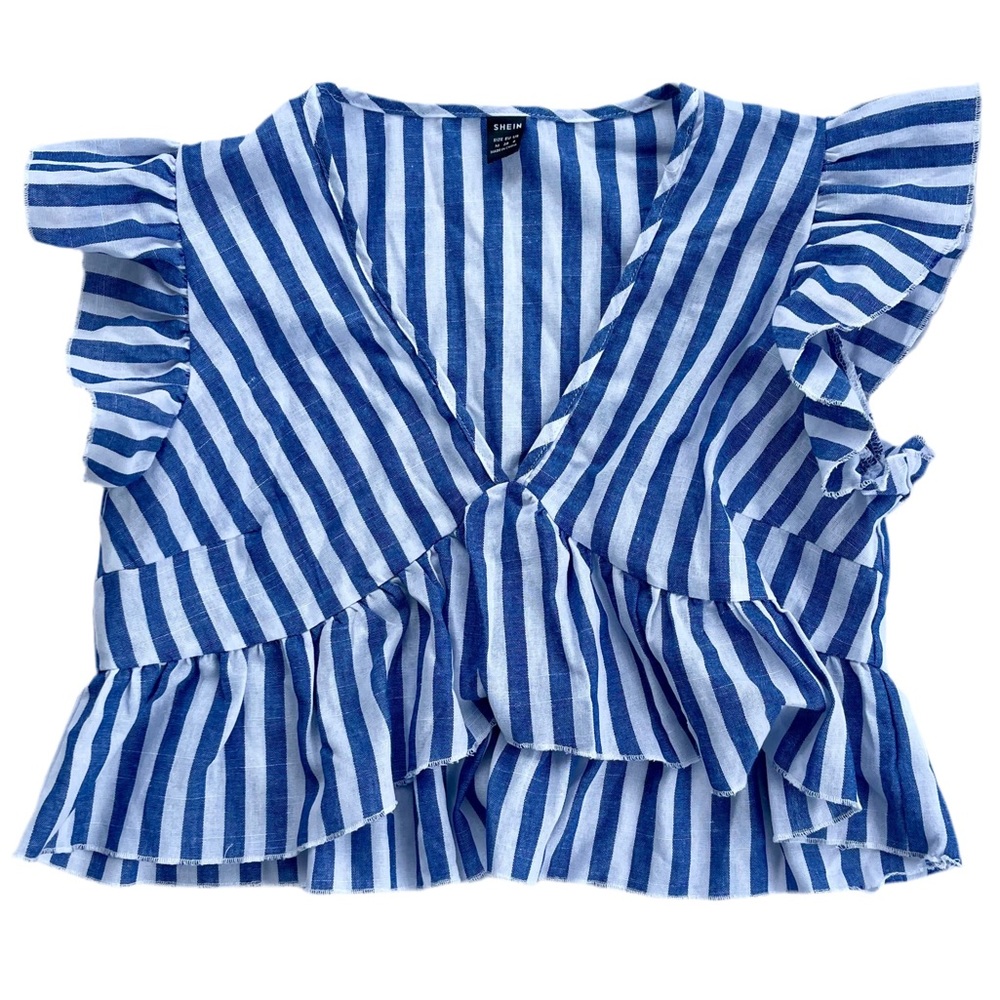 SHEIN Blue and White Striped Ruffle Blouse